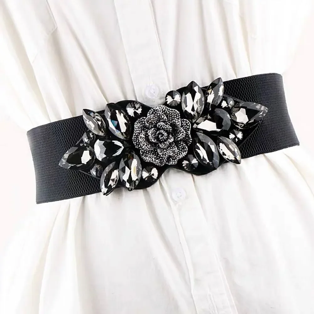 New Women’s Crystal & Beaded 3D Rose Stretch Elastic Belt
